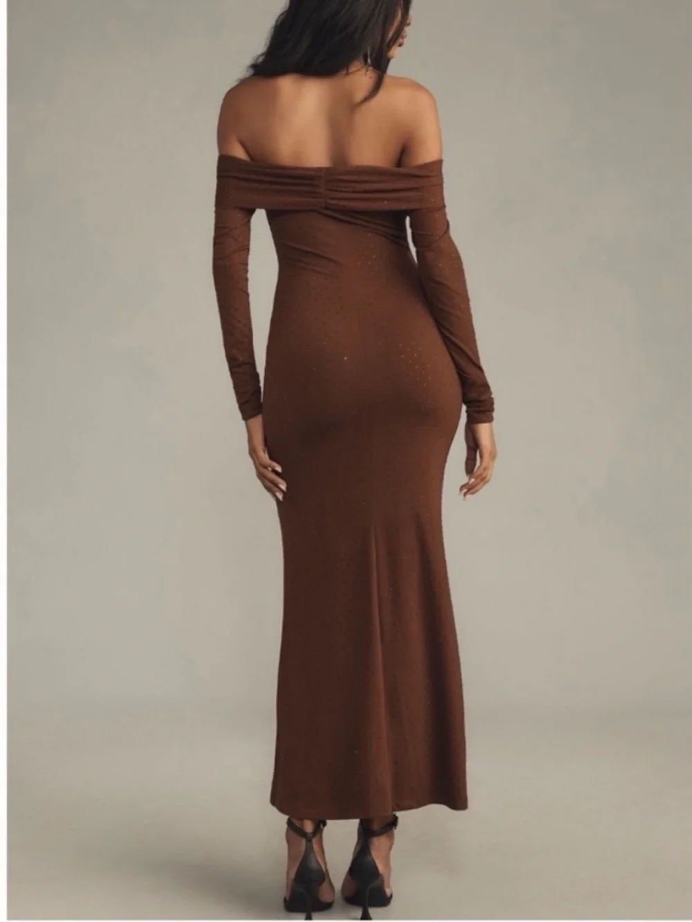 Anthro  Bardot Artura Diamante Fitted Off shoulder Ruched Maxi Dress Event Dates - Picture 4 of 15